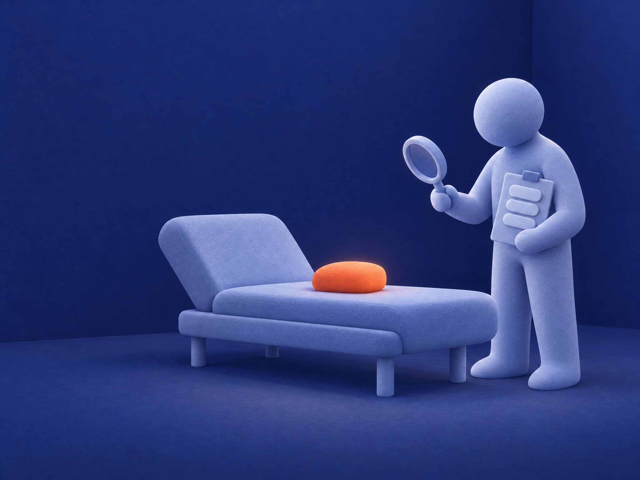 Clay illustration of a clinician in lavender blue holding a magnifying glass and a blank checklist beside an examination couch, with one small glowing orange cushion.