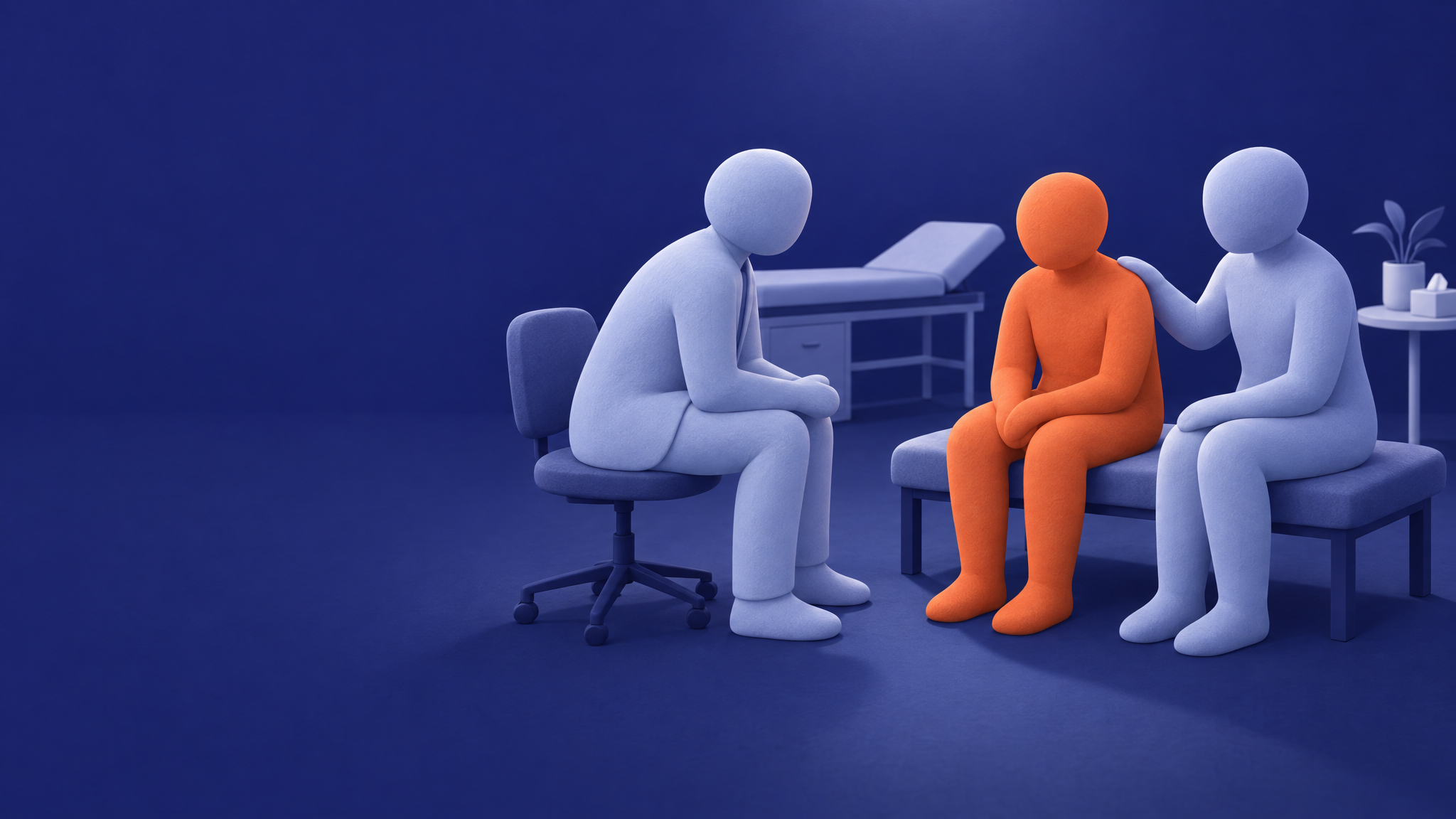 Editorial clay illustration: a patient figure in orange sits on a bench between a clinician and a companion, both in lavender blue, in a calm navy consulting room.