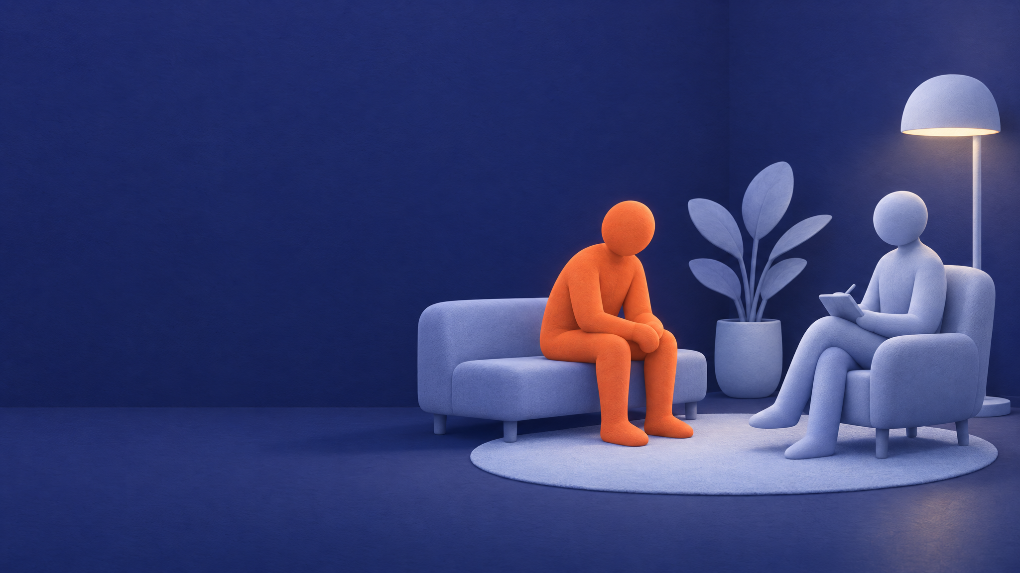 Editorial clay illustration: a patient figure in orange sits on a bench and is listened to by a clinician figure in lavender blue, in a calm navy consulting room.